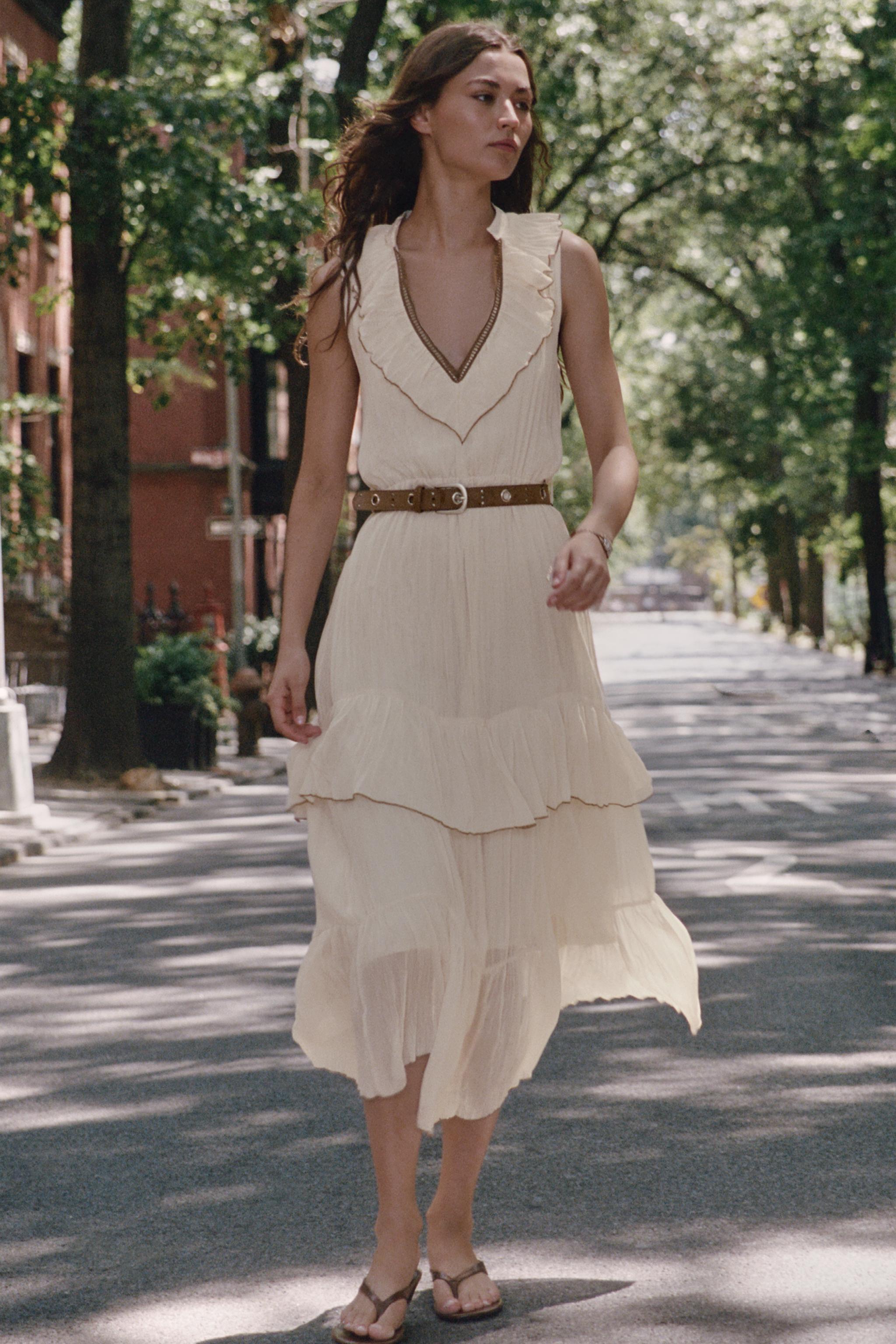 BELTED RUFFLED MIDI DRESS